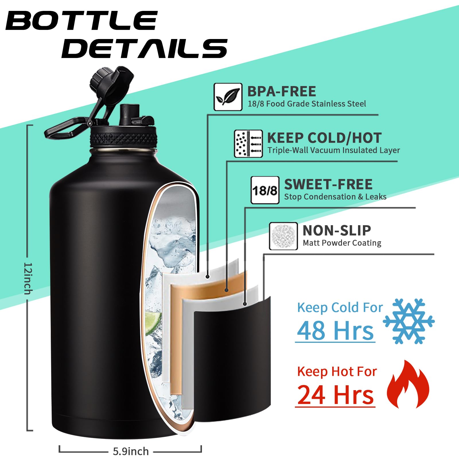 128OZ Insulated Water-Bottles with Strap - 1 Gallon Large Water Jug with Straw & Spout Lid  Stainless Steel Water Bottle Leak Proof  Cold-48h Hot-24h Metal Water Flask w/ Paracord Handle  Carrier Bag